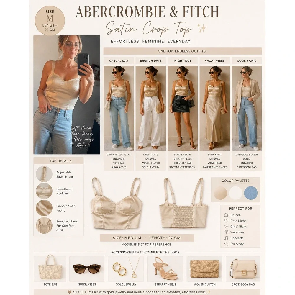 Abercrombie & Fitch Satin Crop Top Champagne Sweetheart Smocked Back Medium